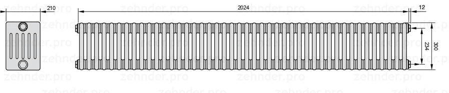 Схема (чертеж) Радиатор Zehnder Charleston 6030/44 №7610 Белый глянцевый RAL 9016